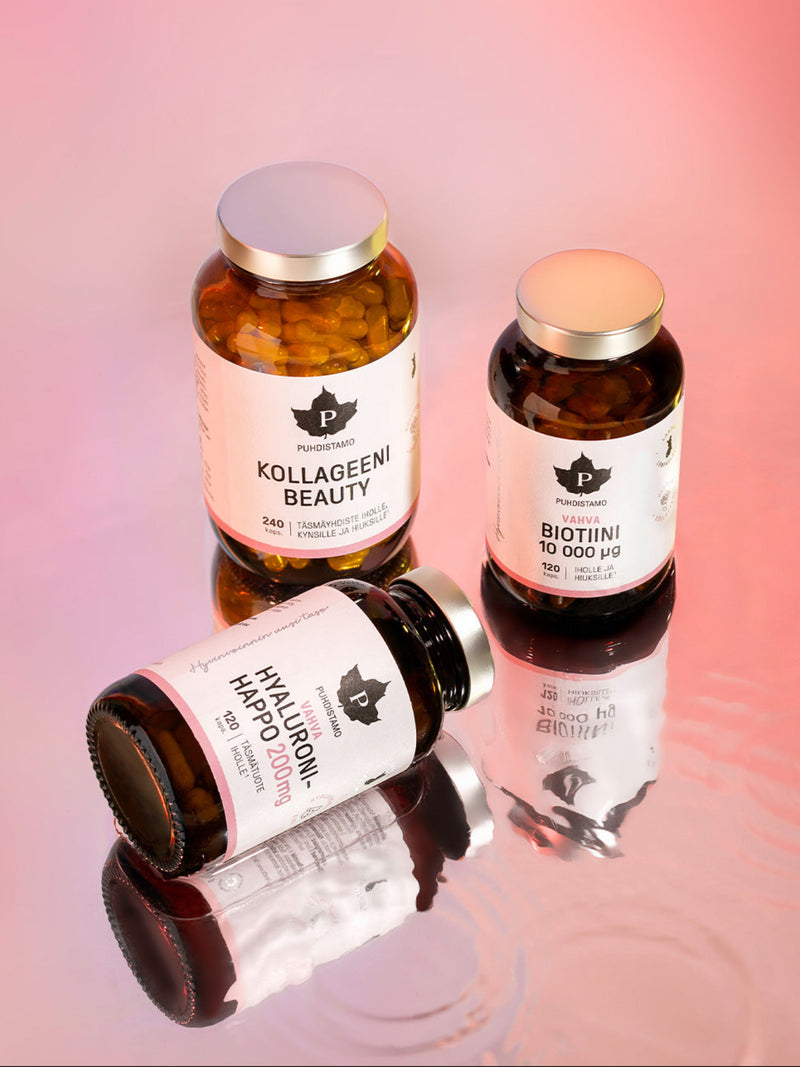 Puhdistamon Beauty-sarja vaaleanpunaisella taustalla