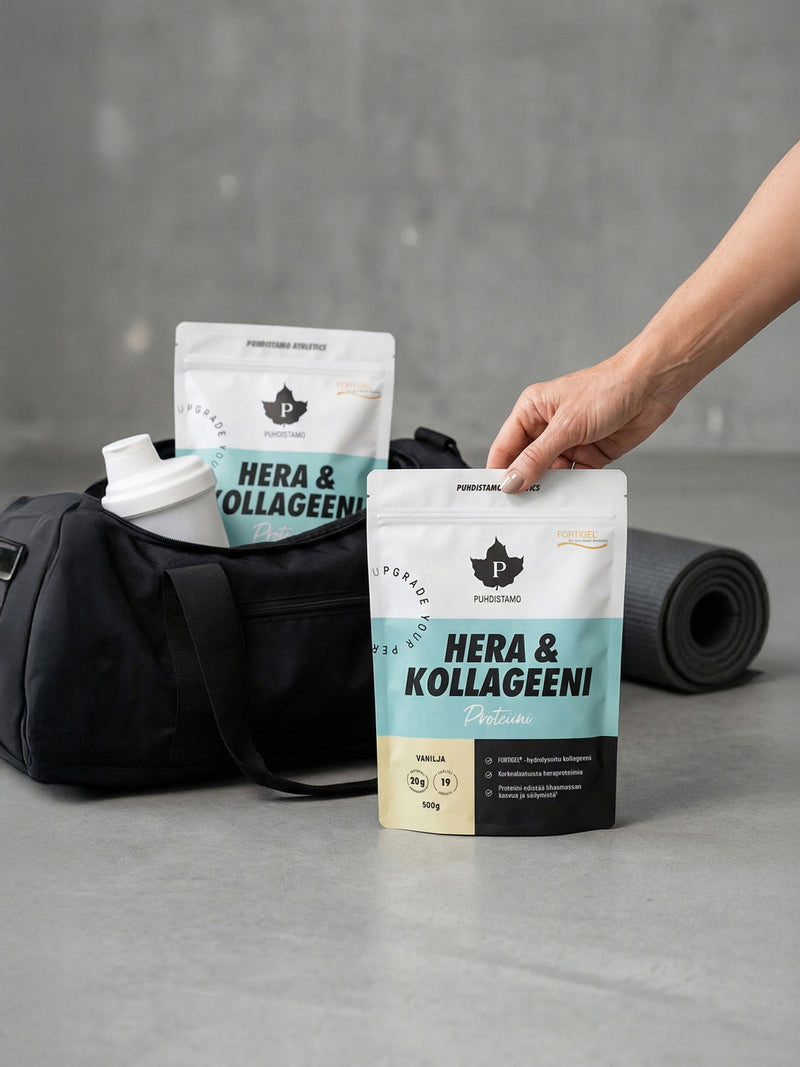 Salikassissa Puhdistamon Hera & Kollageeni Proteiinipussi ja Shaker