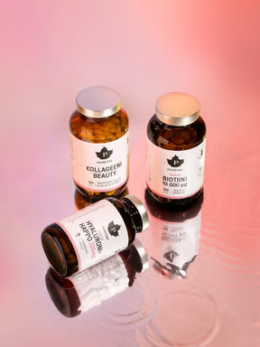 Puhdistamon Kollageeni Beauty, Biotiini ja Hyaluronihappo purkit