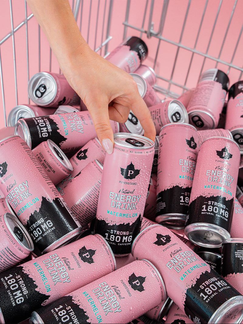 Ostoskärry tännä Puhdistamon Natural Energy Drink Watermelon tölkkejä