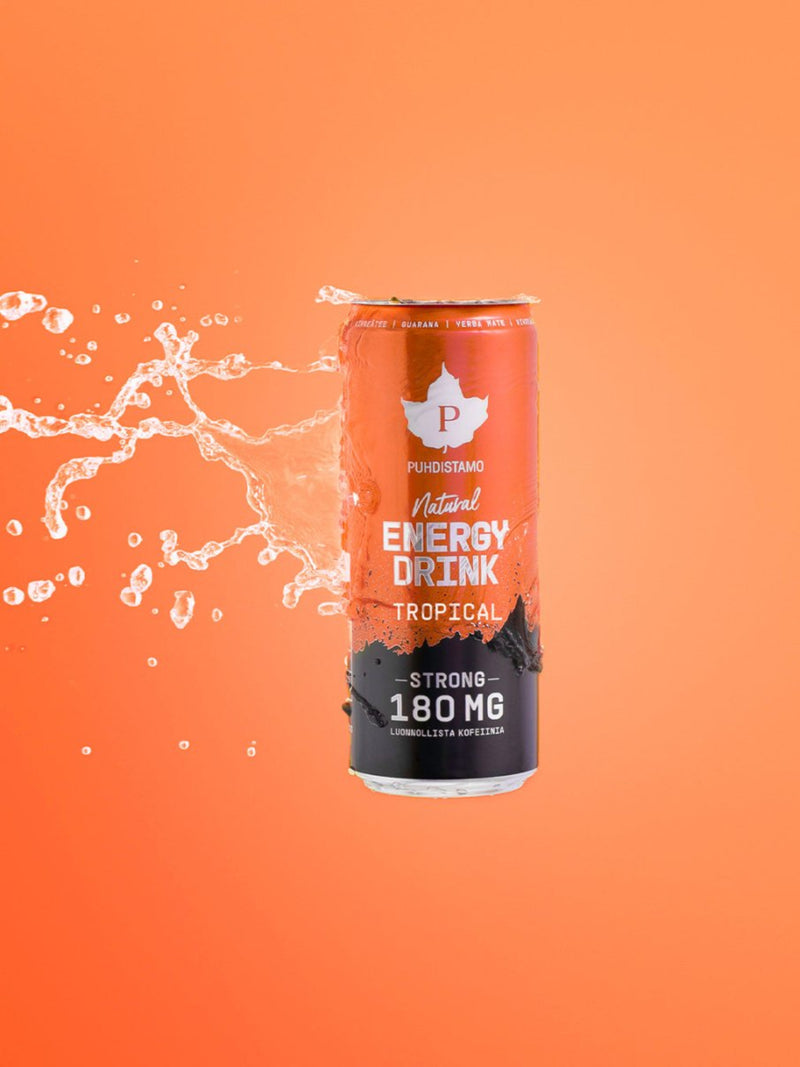 Puhdistamon Natural Energy Drink Tropical Strong  oranssia taustaa vasten