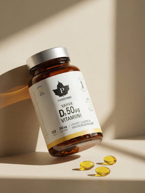 Puhdistamon Vahva D-vitamiini 120 kapselin purkki beigeä seinää vasten