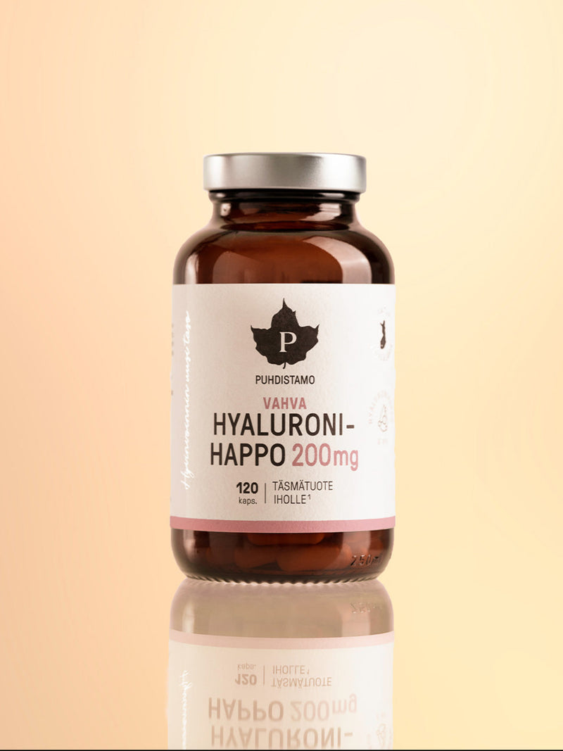 Puhdistamon Vahva Hyaluronihappo 120 kapselin purkki beigeä taustaa vasten