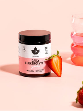 Puhdistamon Daily Elektrolyyttijauhe ja mansikoita