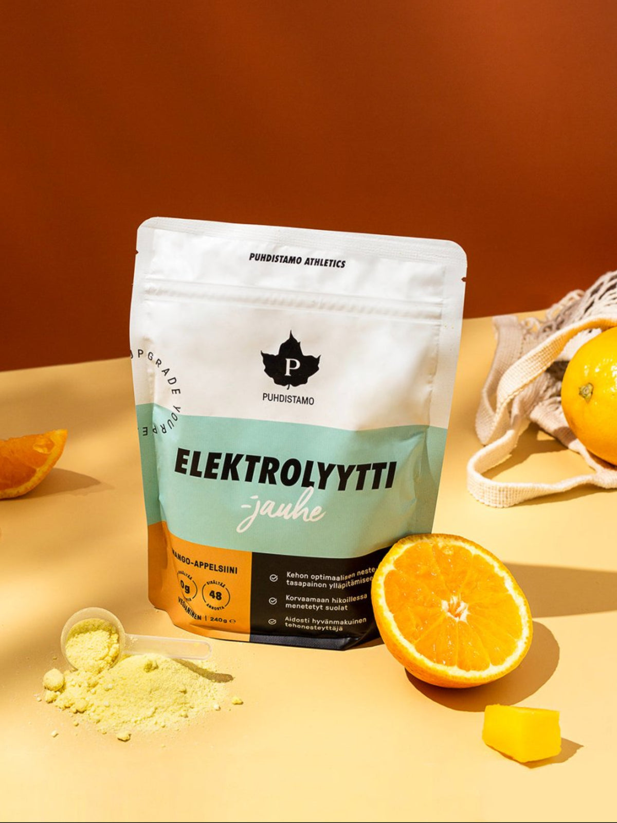 Puhdistamon Elektrolyyttijauhe Mango-appelsiini ja appelsiineja