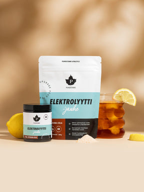 Puhdistamon Elektrolyyttijauhe Sitruuna-Cola purkki ja pussi 