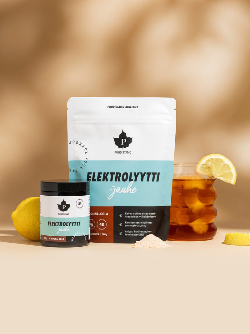 Puhdistamon Elektrolyyttijauhe Sitruuna-Cola purkki ja pussi 