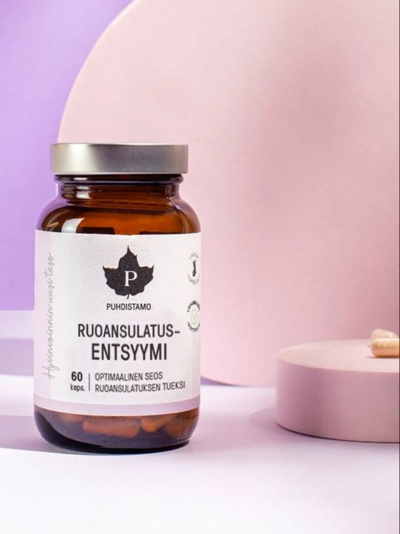 Puhdistramon Ruoansulatusentsyymi purkki vaaleanpunaista taustaa vasten